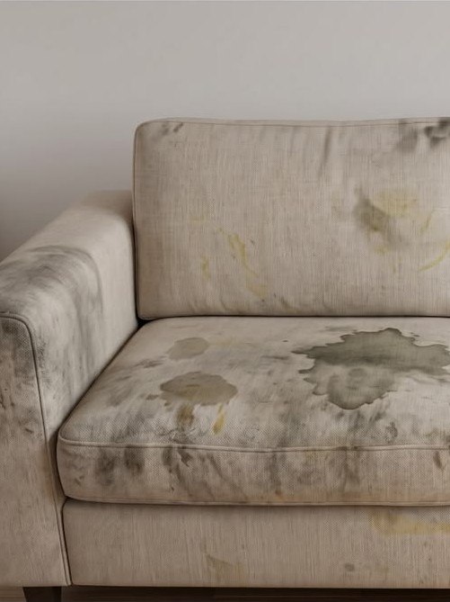 Sofá com manchas antes da lavagem a seco LigLav